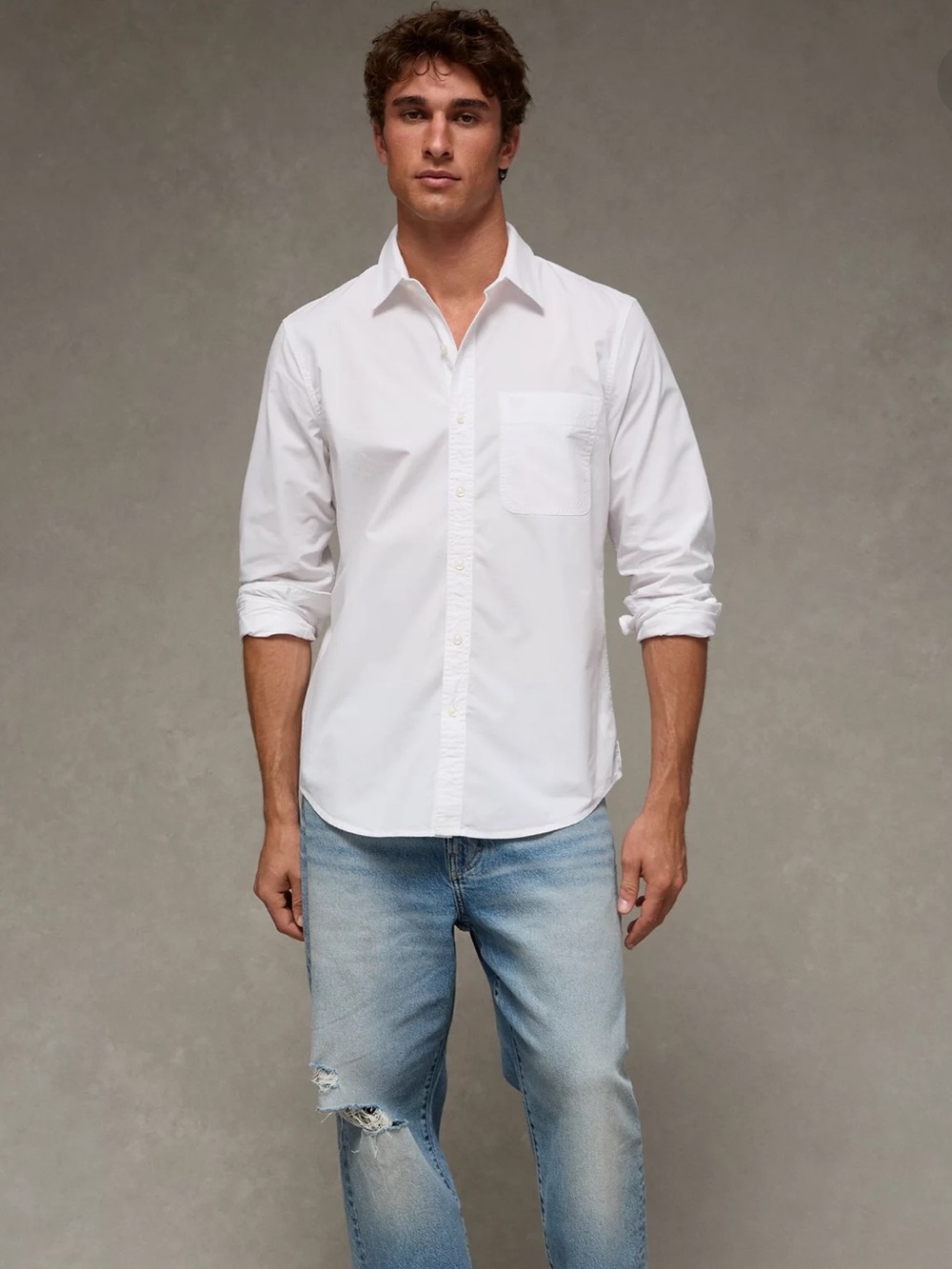 American Eagle AE Slim Fit Button-Up Shirt in White